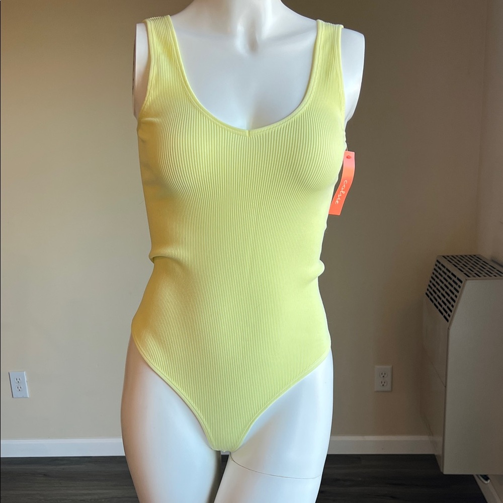 Yellow Ribbed Scoop Neck Bodysuit